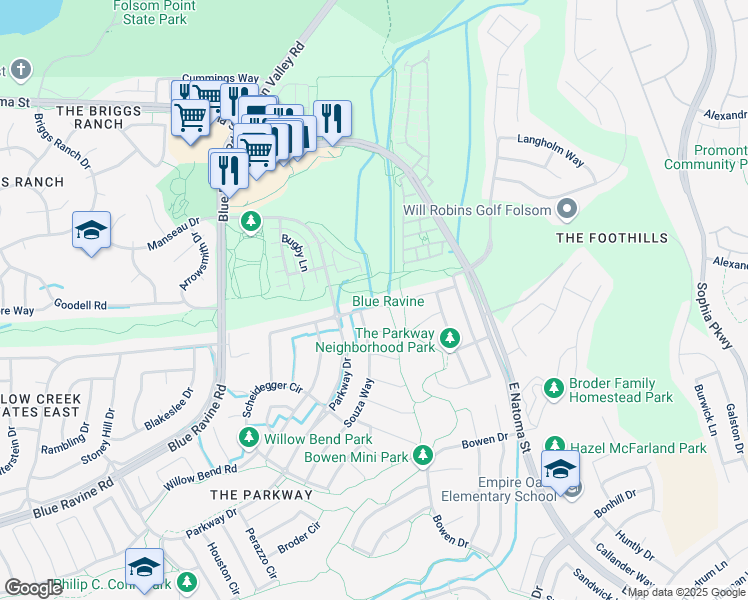 map of restaurants, bars, coffee shops, grocery stores, and more near 1642 Morganite Court in Folsom