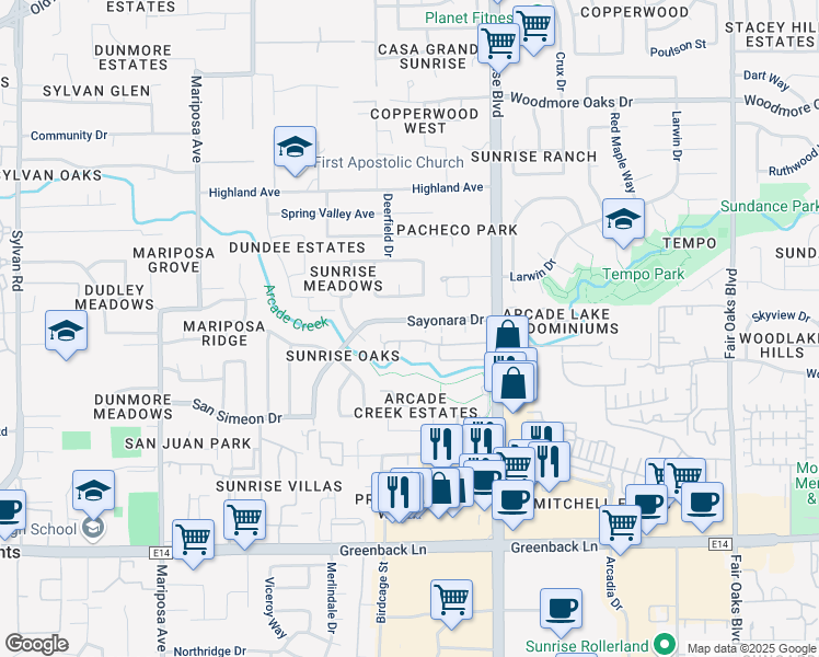 map of restaurants, bars, coffee shops, grocery stores, and more near 7820 Sayonara Drive in Citrus Heights