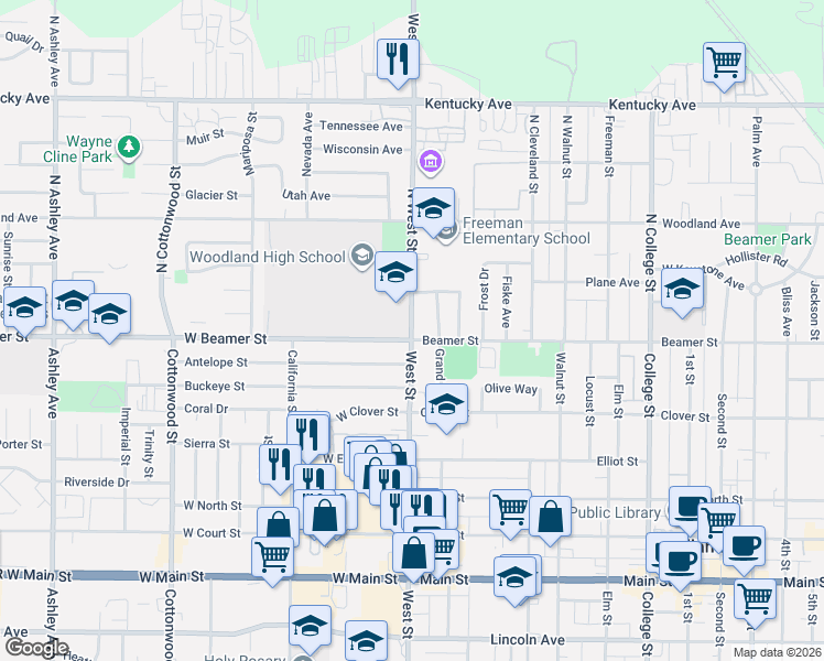 map of restaurants, bars, coffee shops, grocery stores, and more near 9 Beamer Street in Woodland