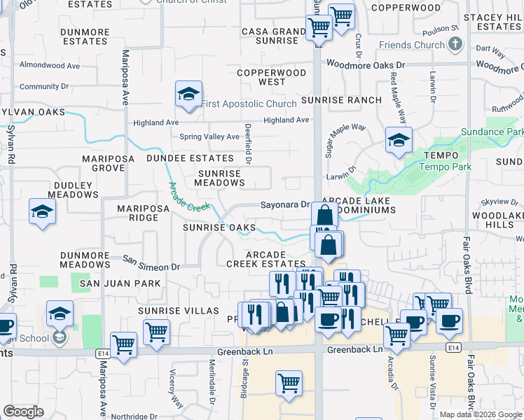 map of restaurants, bars, coffee shops, grocery stores, and more near 7820 Sayonara Drive in Citrus Heights