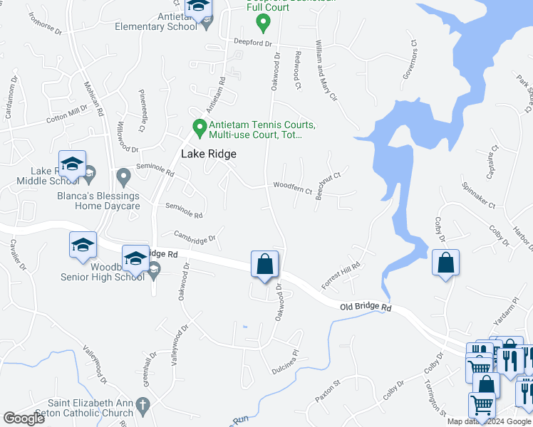 map of restaurants, bars, coffee shops, grocery stores, and more near 2801 Mintwood Court in Woodbridge