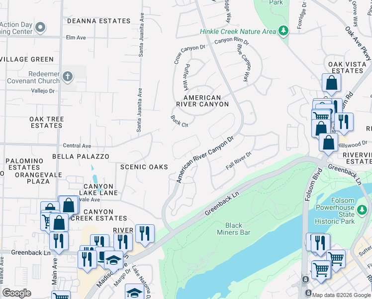 map of restaurants, bars, coffee shops, grocery stores, and more near 101 Oak Rock Circle in Folsom