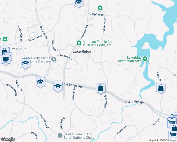 map of restaurants, bars, coffee shops, grocery stores, and more near 12349 Woodlawn Court in Woodbridge
