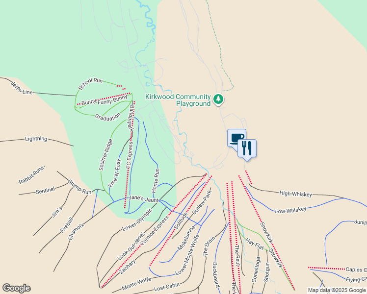 map of restaurants, bars, coffee shops, grocery stores, and more near 39 Palisades Drive in Kirkwood