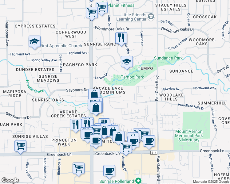 map of restaurants, bars, coffee shops, grocery stores, and more near 8047 Arcade Lake Lane in Citrus Heights