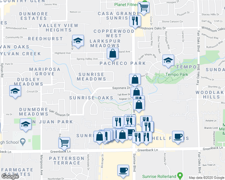 map of restaurants, bars, coffee shops, grocery stores, and more near 7820 Sayonara Drive in Citrus Heights