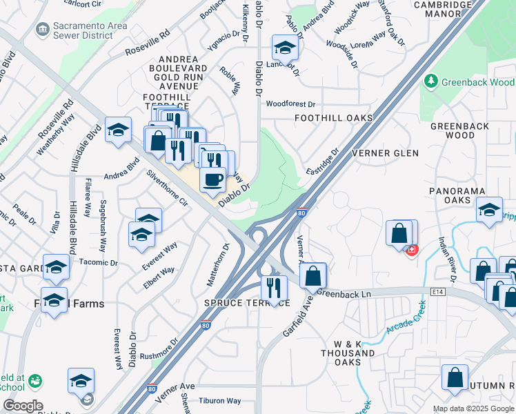 map of restaurants, bars, coffee shops, grocery stores, and more near 5443 Olympic Way in Sacramento