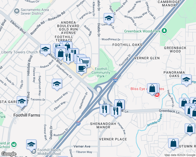 map of restaurants, bars, coffee shops, grocery stores, and more near 5443 Olympic Way in Sacramento