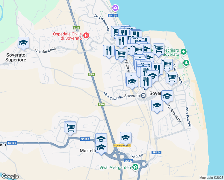 map of restaurants, bars, coffee shops, grocery stores, and more near 17 Via delle Rose in Soverato Marina