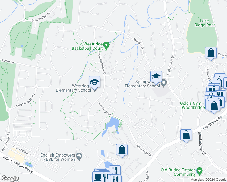 map of restaurants, bars, coffee shops, grocery stores, and more near 4205 Devonwood Way in Woodbridge