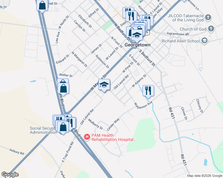 map of restaurants, bars, coffee shops, grocery stores, and more near 420 Old Laurel Road in Georgetown