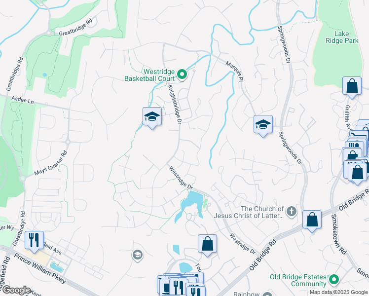 map of restaurants, bars, coffee shops, grocery stores, and more near 12405 Eden Lane in Woodbridge
