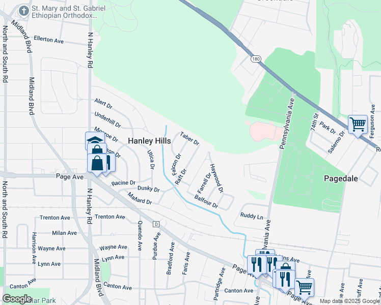 map of restaurants, bars, coffee shops, grocery stores, and more near 2004 Falcon Drive in St. Louis