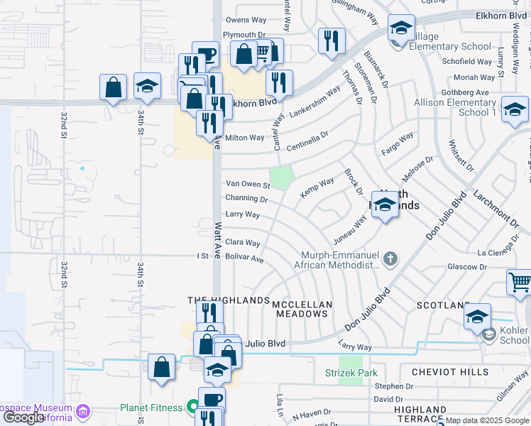 map of restaurants, bars, coffee shops, grocery stores, and more near 6508 Larry Way in North Highlands