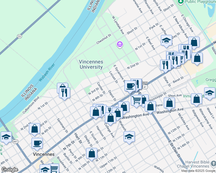 map of restaurants, bars, coffee shops, grocery stores, and more near 302 Depot Street in Vincennes