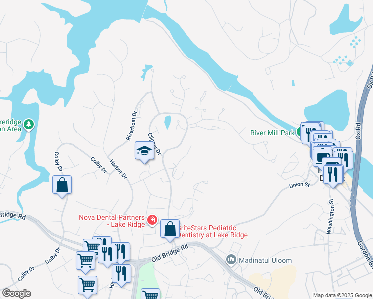 map of restaurants, bars, coffee shops, grocery stores, and more near 1926 Mariner Drive in Woodbridge