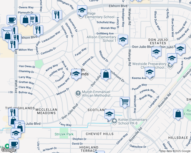 map of restaurants, bars, coffee shops, grocery stores, and more near 6504 Stoneman Drive in North Highlands