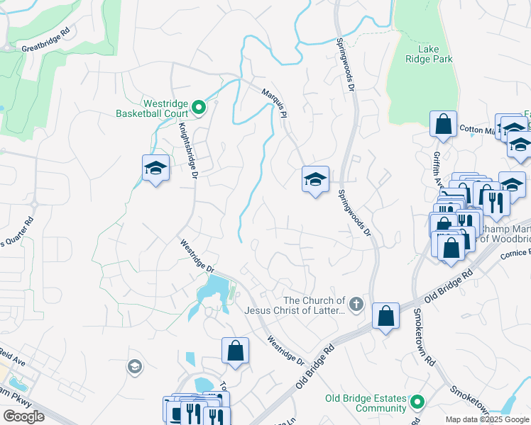 map of restaurants, bars, coffee shops, grocery stores, and more near 12496 Palomino Place in Woodbridge
