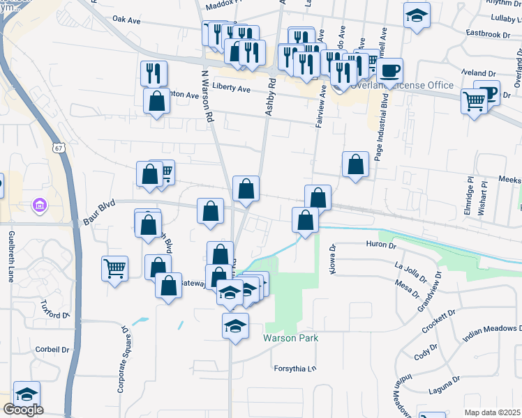 map of restaurants, bars, coffee shops, grocery stores, and more near 10521 Baur Boulevard in Olivette