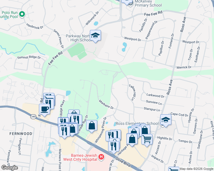 map of restaurants, bars, coffee shops, grocery stores, and more near 1340 Palm Ridge Court in Saint Louis