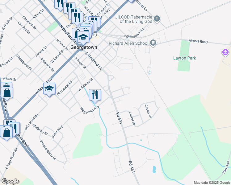 map of restaurants, bars, coffee shops, grocery stores, and more near 2 West Way in Georgetown