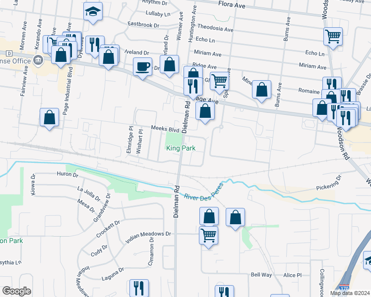 map of restaurants, bars, coffee shops, grocery stores, and more near 1452 Dielman Road in St. Louis