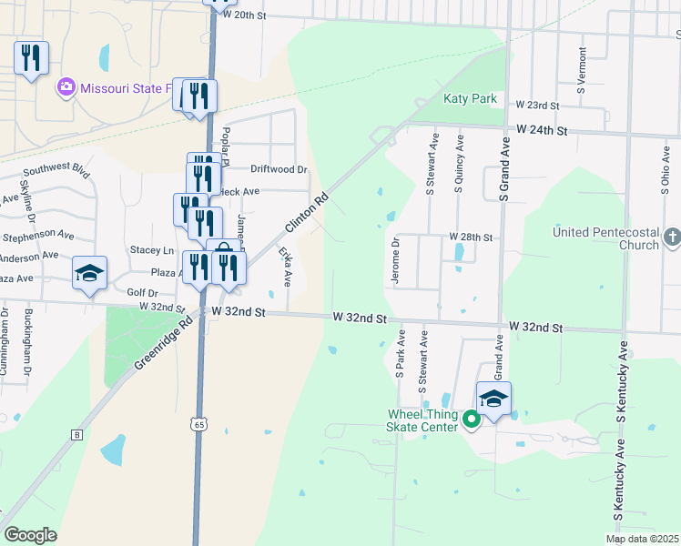 map of restaurants, bars, coffee shops, grocery stores, and more near 3101-3199 Aaron Avenue in Sedalia