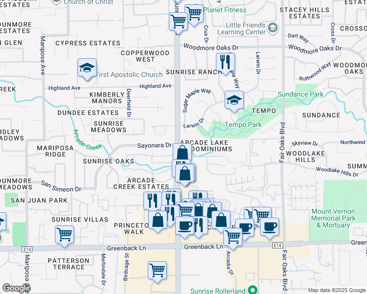 map of restaurants, bars, coffee shops, grocery stores, and more near 8030 Arcade Lake Lane in Citrus Heights