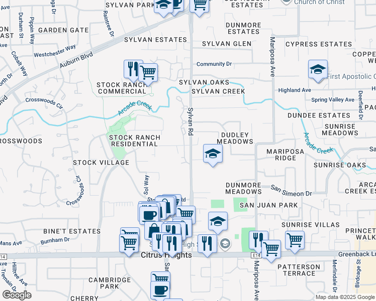 map of restaurants, bars, coffee shops, grocery stores, and more near 6532 Sylvan Road in Citrus Heights
