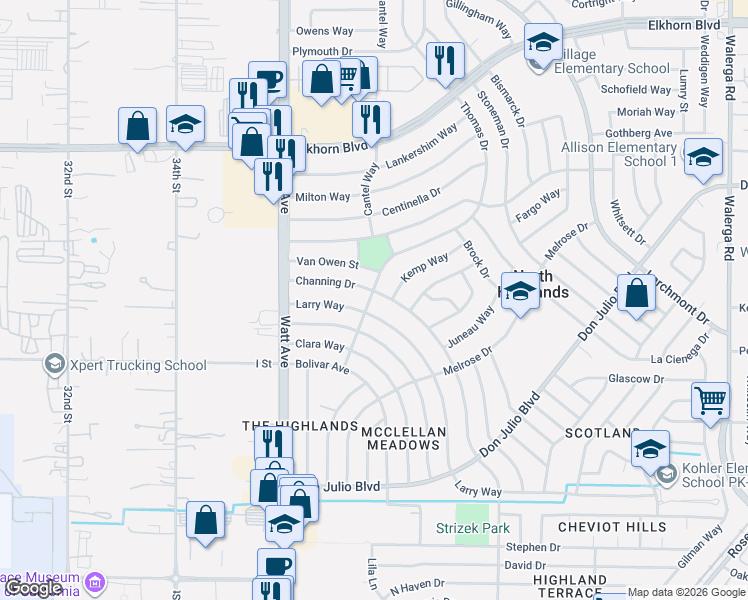 map of restaurants, bars, coffee shops, grocery stores, and more near 6465 Channing Drive in North Highlands