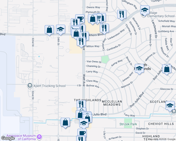 map of restaurants, bars, coffee shops, grocery stores, and more near 6533 Larry Way in North Highlands