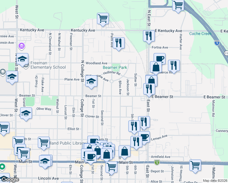 map of restaurants, bars, coffee shops, grocery stores, and more near 6 Palm Avenue in Woodland
