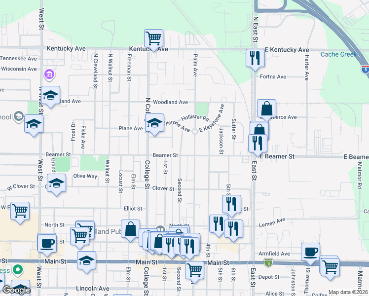 map of restaurants, bars, coffee shops, grocery stores, and more near 4 Pershing Avenue in Woodland