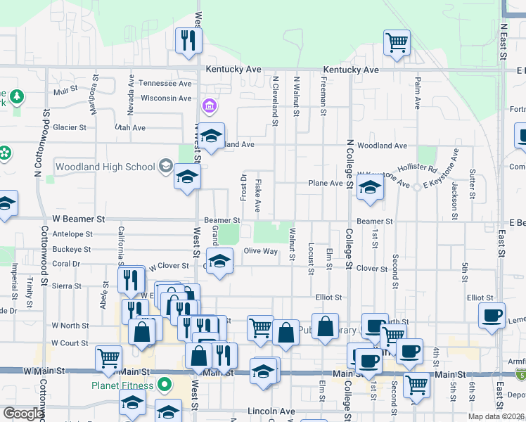 map of restaurants, bars, coffee shops, grocery stores, and more near 109 Beamer Street in Woodland