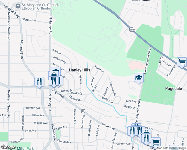 map of restaurants, bars, coffee shops, grocery stores, and more near 2004 Falcon Drive in St. Louis