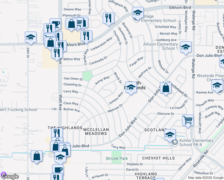 map of restaurants, bars, coffee shops, grocery stores, and more near 6500 Milam Way in North Highlands