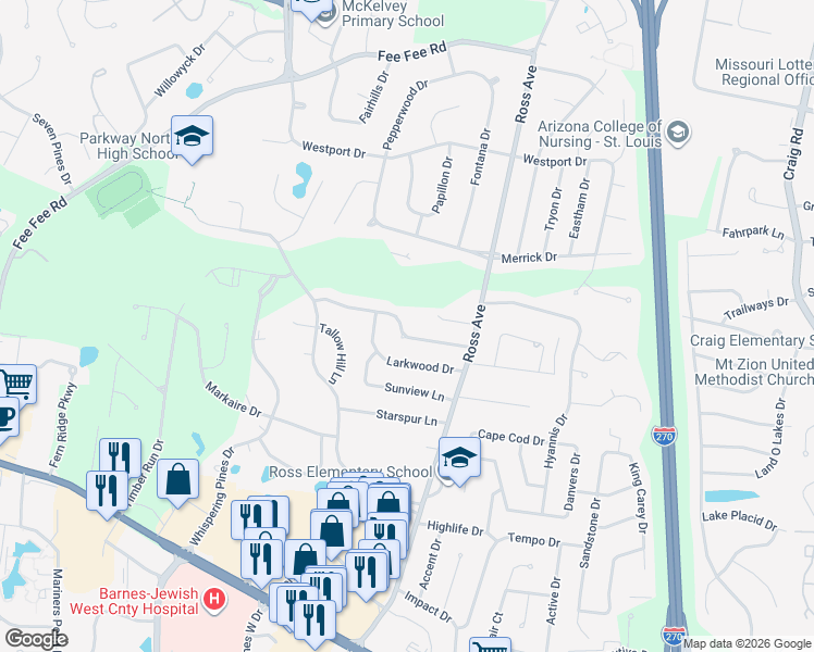 map of restaurants, bars, coffee shops, grocery stores, and more near 12558 Northwinds Drive in St. Louis