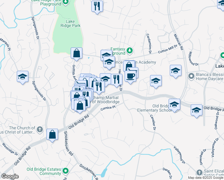 map of restaurants, bars, coffee shops, grocery stores, and more near 3302 Old Bridge Road in Woodbridge