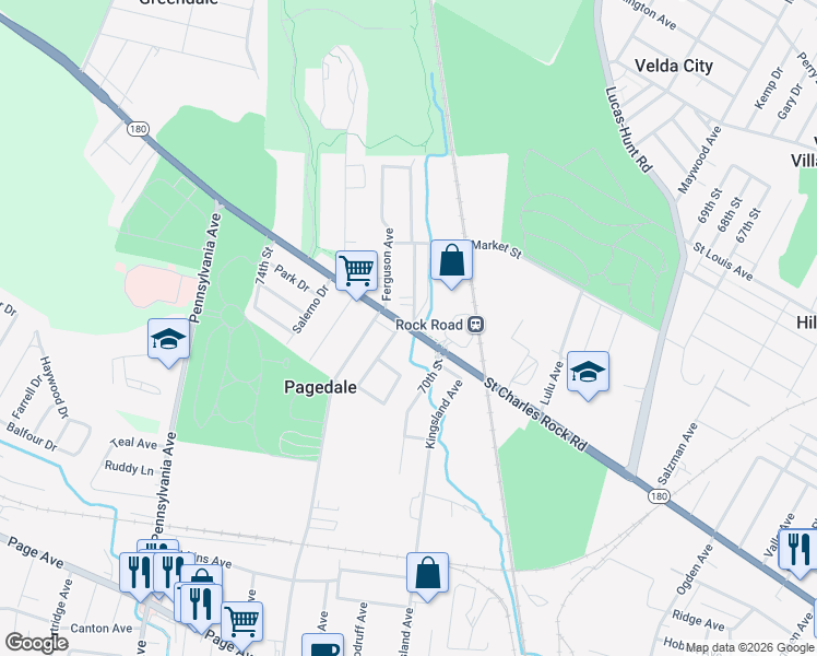 map of restaurants, bars, coffee shops, grocery stores, and more near St Charles Rock Rd & Engelholm Ave in Pagedale