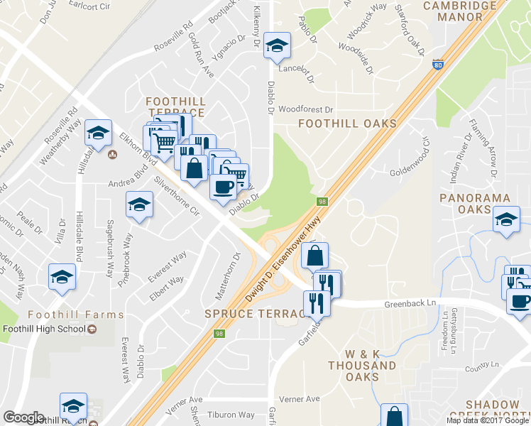 map of restaurants, bars, coffee shops, grocery stores, and more near 5443 Olympic Way in Sacramento
