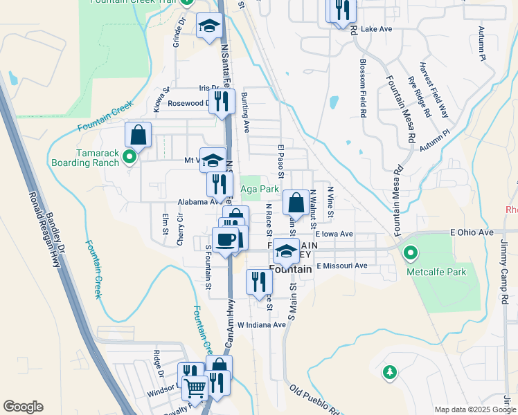 map of restaurants, bars, coffee shops, grocery stores, and more near 214 West Alabama Avenue in Fountain