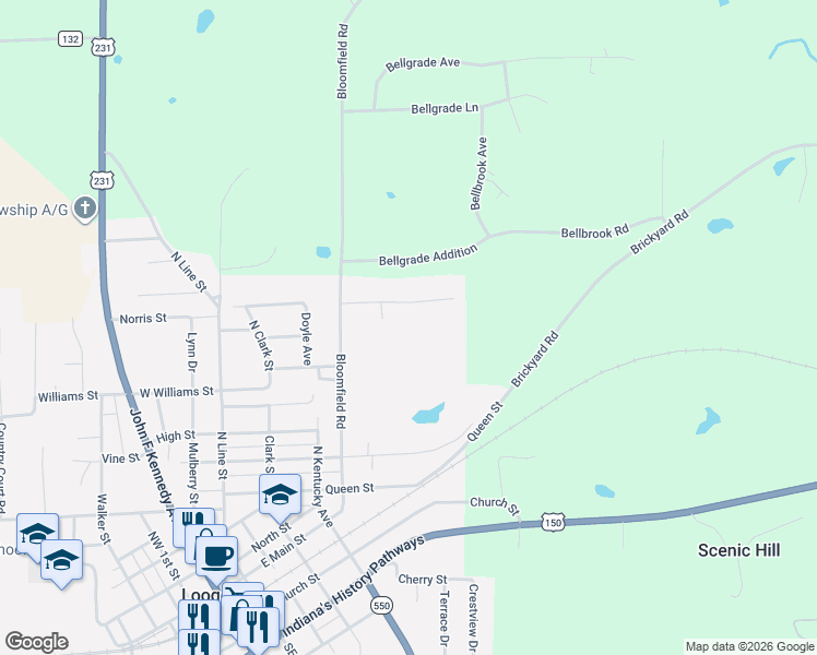 map of restaurants, bars, coffee shops, grocery stores, and more near 522 Dogwood Hill Road in Loogootee