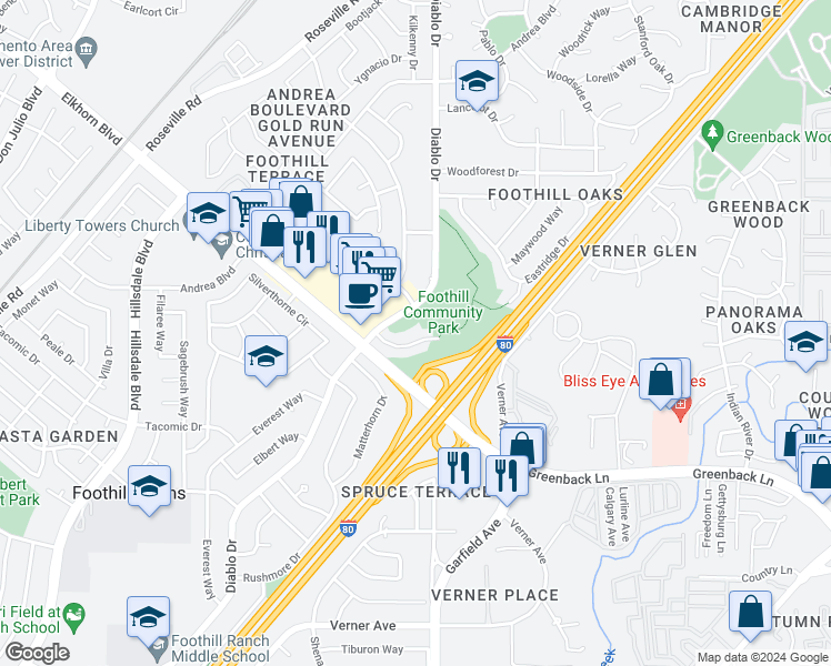 map of restaurants, bars, coffee shops, grocery stores, and more near 5431 Olympic Way in Sacramento