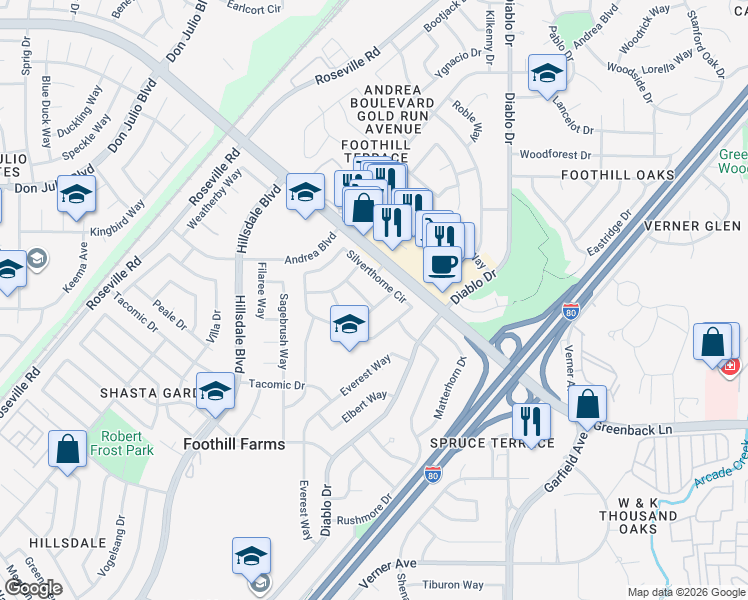 map of restaurants, bars, coffee shops, grocery stores, and more near 5121 Cimarron Way in Sacramento