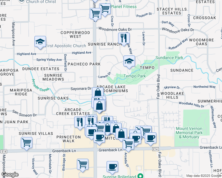 map of restaurants, bars, coffee shops, grocery stores, and more near 8047 Arcade Lake Lane in Citrus Heights