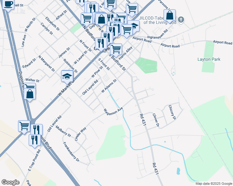 map of restaurants, bars, coffee shops, grocery stores, and more near 21 Rowland Way in Georgetown