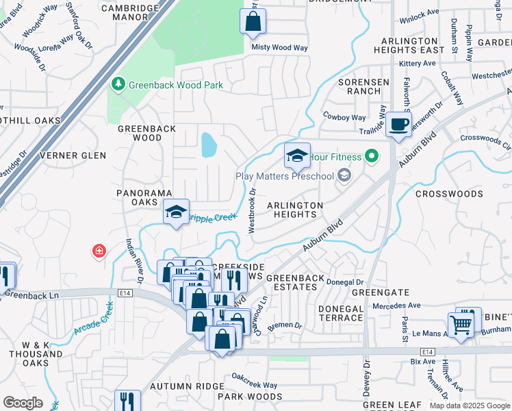map of restaurants, bars, coffee shops, grocery stores, and more near 6313 Trenton Way in Citrus Heights