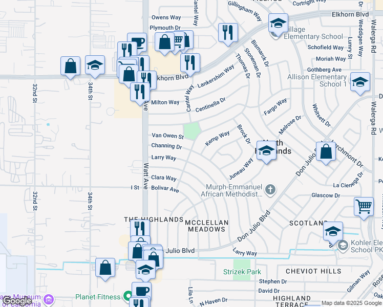 map of restaurants, bars, coffee shops, grocery stores, and more near 6465 Channing Drive in North Highlands