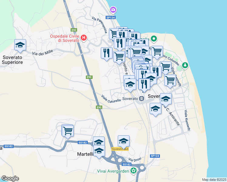 map of restaurants, bars, coffee shops, grocery stores, and more near 17 Via delle Rose in Soverato
