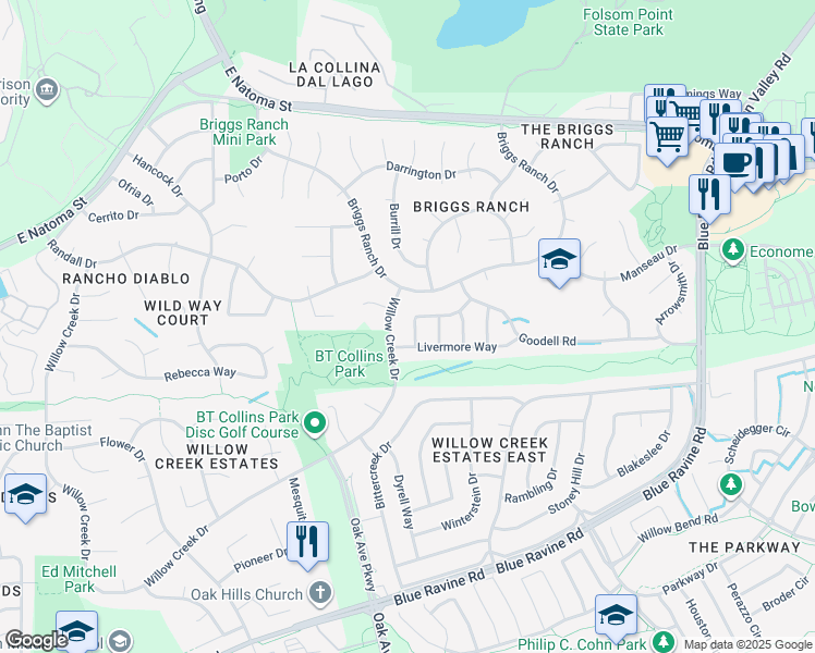 map of restaurants, bars, coffee shops, grocery stores, and more near 170 Livermore Way in Folsom